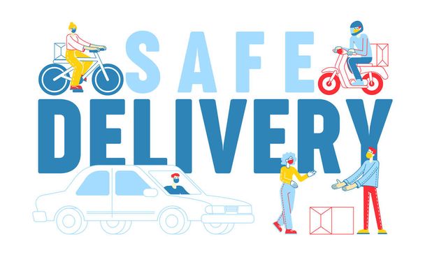 Safe Delivery Concept. Courier Characters Wearing Mask Delivering Goods to Customers During Coronavirus Pandemic Use Car, Bike, Scooter on Foot Poster Banner Flyer. Linear People Vector Illustration - Vector, Image