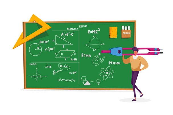 Tiny Teacher Male Character Holding Huge Compass Stand at Chalkboard with Geometry and Physics formas, Ruler, Sponge and Chalk Isolated on White Background, Education Cartoon Vector Illustration - Вектор, зображення