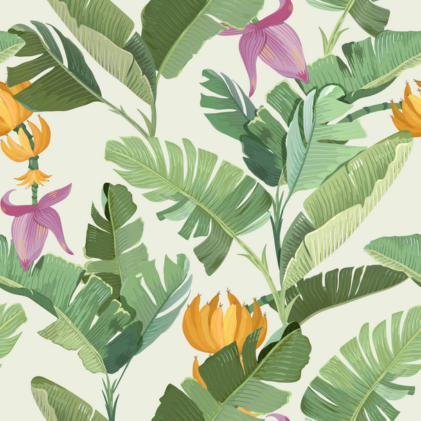 Seamless Tropical Floral Print with Exotic Green Jungle Banana Palm Leaves, Flowers and Fruits Rainforest Plants Wallpaper, Textile Ornament, Fabric Design on Beige Background. Vector Illustration - Vector, afbeelding