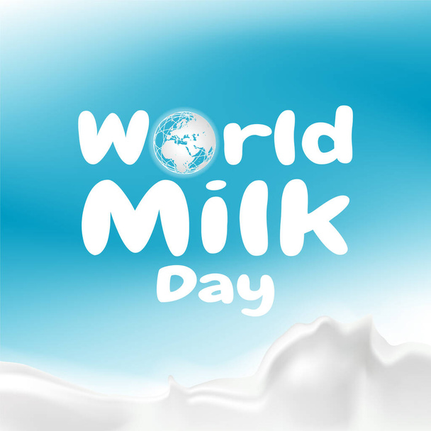 Παγκόσμια ημέρα γάλακτος γράμματα σε κυανό φόντο. Αφηρημένο φόντο κυματισμός γάλα, εικονογράφηση σχεδιασμό. - Διάνυσμα, εικόνα