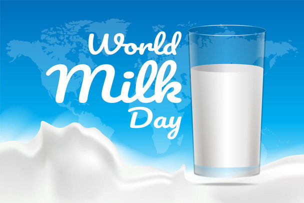 Παγκόσμια ημέρα γάλακτος γράμματα. Παραγόμενο κυματιστό γάλα και ένα ποτήρι γάλα στον παγκόσμιο χάρτη κυανό φόντο, σχέδιο εικονογράφησης. - Διάνυσμα, εικόνα