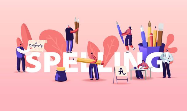 People Characters Spelling Concept. Writing Letters, Script, Creative Hobby Recreation. Woman Sitting at Table with Pen in Hand Practicing Calligraphy Poster Banner Flyer Cartoon Vector Illustration - Vector, Image
