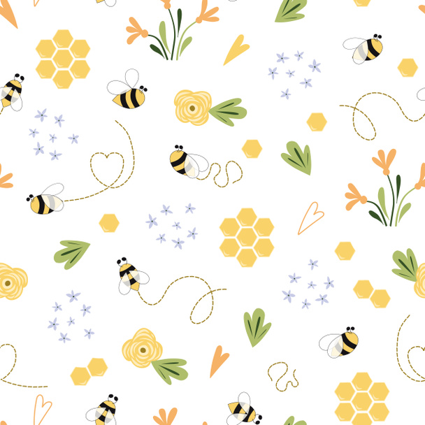 Bee honey pattern Bee seamless pattern Cute hand drawn summer meadow flowers, bee honeycombe background Hand drawn honey templates. Kids fabric design. Summer illustration. Yellow white colors. - Foto, afbeelding