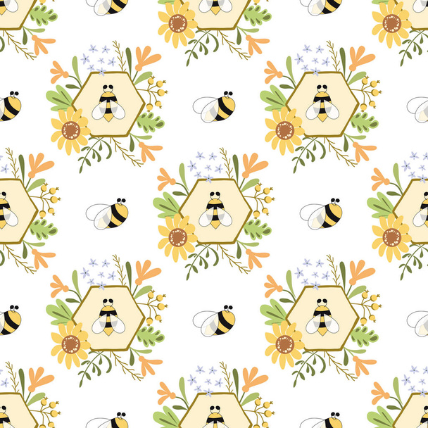 Patrón sin costuras de miel de abeja Fondo de plantilla amarillo floral de panal Diseño textil de tela para niños decorativo Ramo de flores dibujado a mano lindo Papel interminable decorativo amarillo. Ilustración para imprimir
. - Foto, Imagen