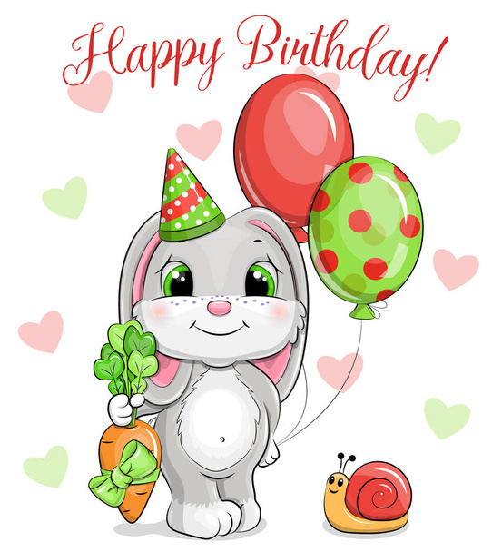 Birthday card with cute cartoon rabbit. Vector illustration of an animal with a goft and baloons. - Vecteur, image
