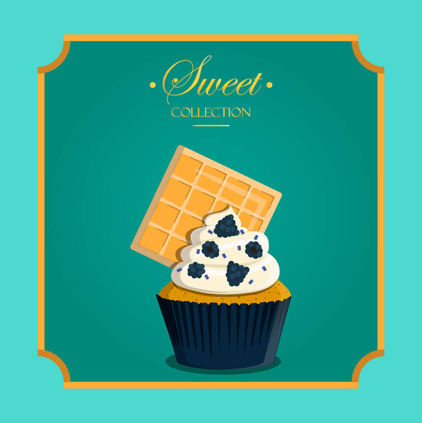 Cupcake in a retro style with a geometric background and retro elements. Vector greeting card for a birthday or holiday. Dessert for a website, bakery, menu, or pastry shop - Вектор,изображение