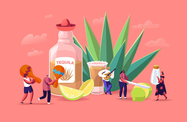 Az emberek tequila koncepciót isznak. Apró férfi és női karakterek Maracas, só és mész a hatalmas palack és Agave Azul Plant. Mexikói Kultúra Turizmus, Latin Turizmus. Rajzfilm vektor illusztráció - Vektor, kép