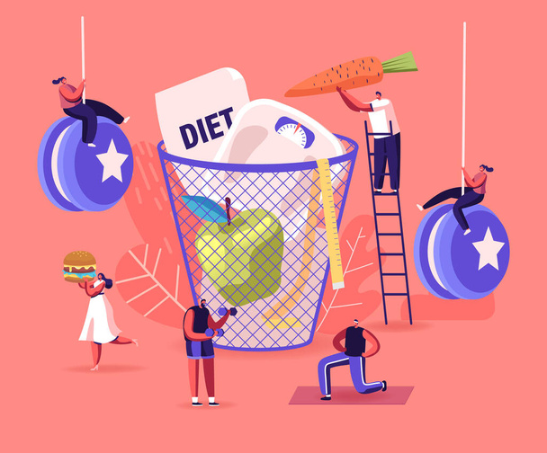 Diet Failure Concept. Male and Female Characters Enjoying Unhealthy Junk Food. People Refuse Healthy Lifestyle Meals Prefer Eating Fat Food and Throw Healthy Meal to Basket. Linear Vector Illustration - Vector, Image