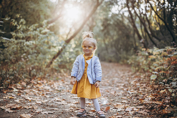 little pretty girl posing for a photo while walking with her parents in autumn park, an infinitely happy and joyful child, selective focus, noise effect - Fotoğraf, Görsel