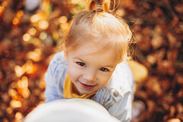 little pretty girl posing for a photo while walking with her parents in autumn park, an infinitely happy and joyful child, selective focus, noise effect - Фото, изображение