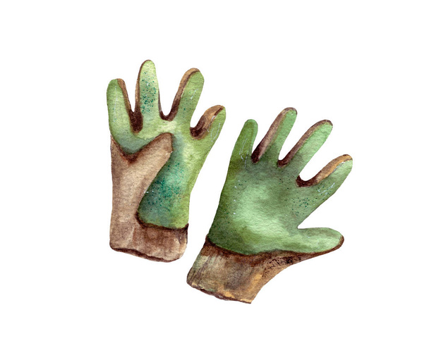 met de hand getekende aquarelillustratie. tuingereedschap en toebehoren: groene handschoenen voor het werk in de tuin, handbescherming. - Foto, afbeelding