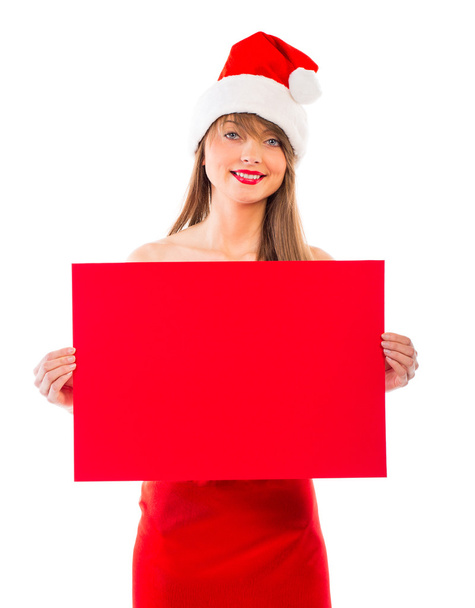 uśmiechnięte dziewczyny Boże Narodzenie z czerwony afisz biały - Zdjęcie, obraz