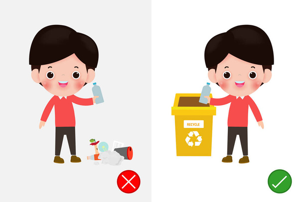 Neházejte odpadkové zadky na podlahu, špatně a správně, mužský charakter, který vám řekne správné chování k recyklaci. ilustrace vektoru pozadí - Vektor, obrázek
