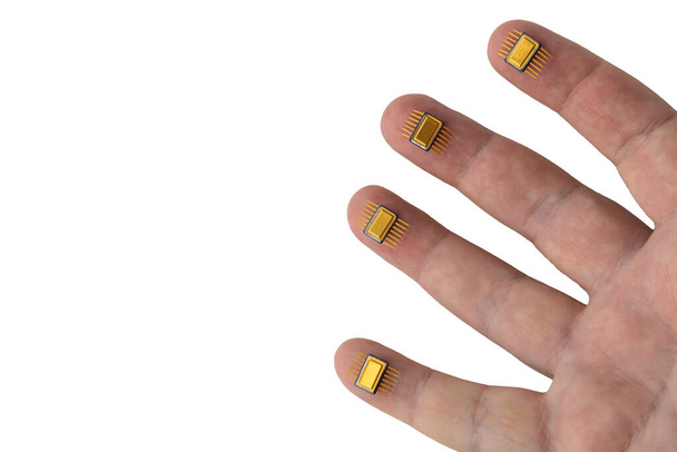 implantación de un chip debajo de la piel humana. microchips están conectados a los dedos de la mano. concepto de tecnologías futuras destinadas a rastrear e identificar a las personas
. - Foto, imagen