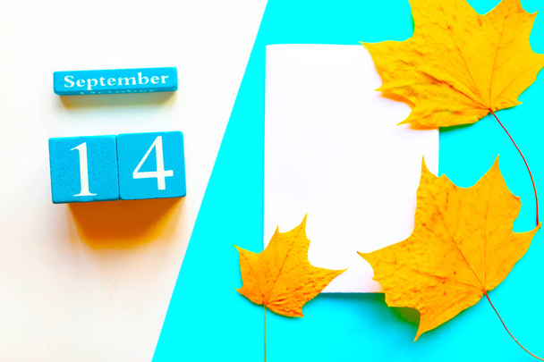 9月14日。木製の手作りのカレンダーと乾燥したメープルの葉が幾何学的な白と青の背景に空白の白いモックアップ - 写真・画像