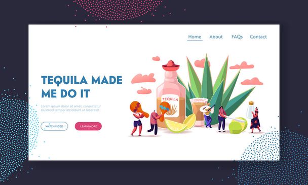 People Drinking Tequila Landing Page Template. Tiny Characters with Maracas, Salt and Lime at Huge Bottle and Agave Azul Plant. Mexican Culture Tourism, Latin Landmark. Cartoon Vector Illustration - Vector, Image
