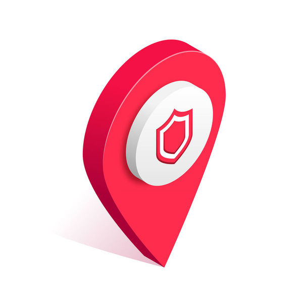 Isometric protection map pointer icon, 3d geotag location map point sign, pin with shield symbol isolated. Safety, security concept. Vector Illustration design, infographic, web, app, ad - Vektor, obrázek