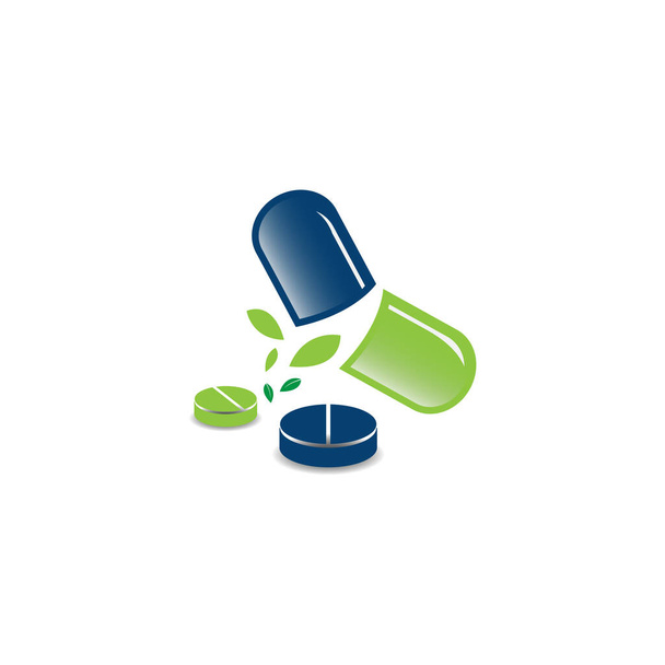 Φύση φυτική ιατρική λογότυπο σχεδιασμό διάνυσμα εικονογράφηση. Εικονογράφηση διάνυσμα της βοτανοθεραπευτικής με κάψουλα από φύλλα και χάπια, φύση φάρμακο για την υγεία - Διάνυσμα, εικόνα