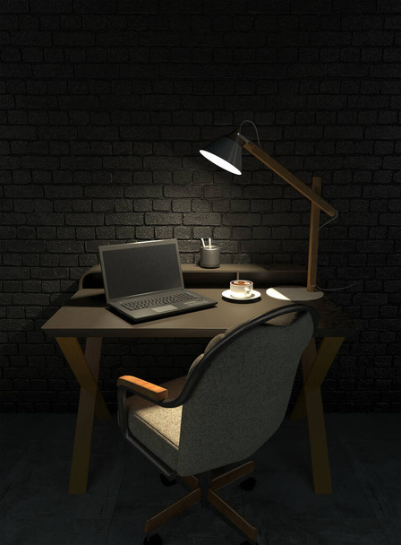 Um local de trabalho vazio à noite com mesa de escritório, poltrona e laptop em um quarto escuro iluminado pela luz de uma lâmpada de mesa. Sentado no computador até tarde da noite. Trabalho em casa à noite. Renderização 3D
 - Foto, Imagem