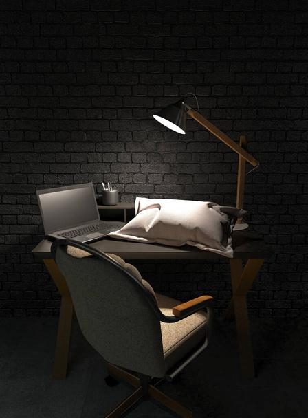 Un lugar de trabajo por la noche con un escritorio de oficina, portátil y almohada sobre una mesa en una habitación oscura iluminada por la luz de una lámpara de escritorio. Carga de trabajo pesada. Duerme en el escritorio. Trabajo en casa por la noche. Renderizado 3D
 - Foto, Imagen