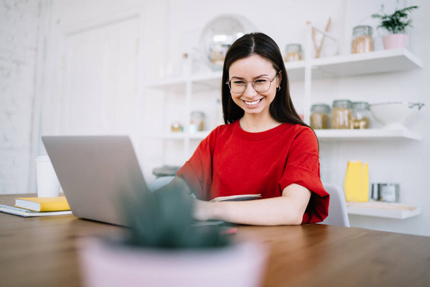 Cheerful and delighted lady with wide smile sitting in living room and using laptop while smiling away excited with work process at home - Fotoğraf, Görsel
