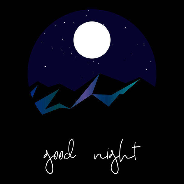 roztomilý pohlednice na dobrou noc se zasněženými horami, hvězdnatou oblohou a ručně psaným textem - Vektor, obrázek