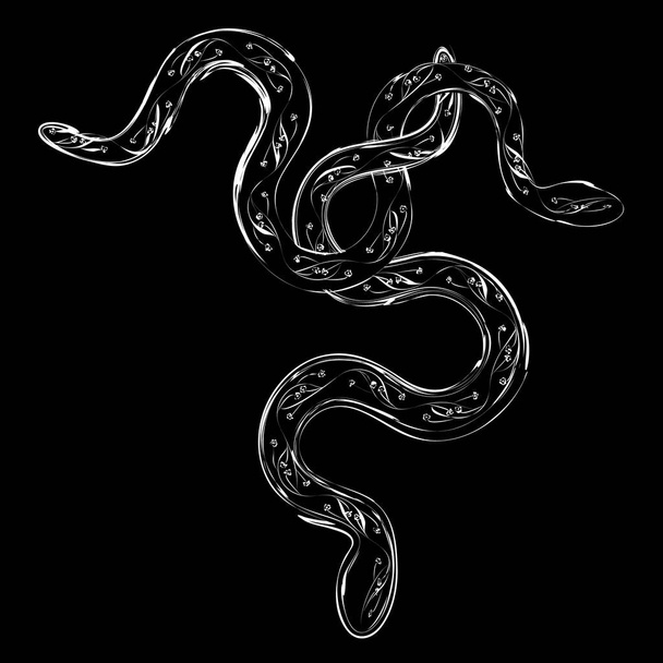 αφηρημένη γοτθική απεικόνιση δύο λευκών περιγραμμάτων περιτυλιγμένων φιδιών σε μαύρο φόντο - Διάνυσμα, εικόνα