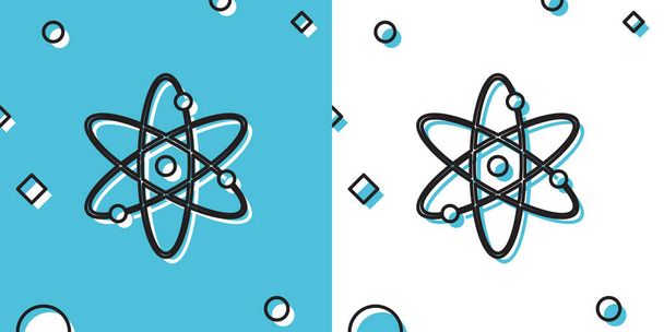 Siyah Atom simgesi mavi ve beyaz arkaplanda izole edildi. Bilimin, eğitimin, nükleer fiziğin, bilimsel araştırmaların sembolü. Elektronlar ve proton işareti. Rastgele dinamik şekiller. Vektör İllüstrasyonu - Vektör, Görsel