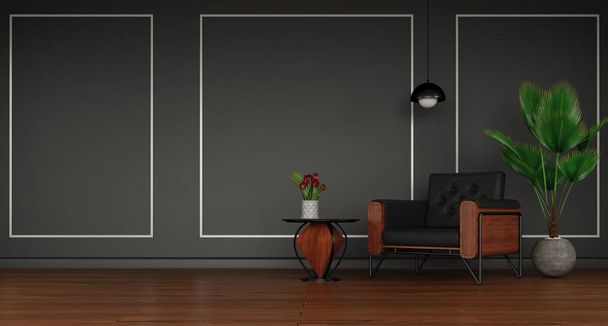Intérieur moderne du salon, fauteuil noir sur mur gris foncé, rendu 3d
  - Photo, image