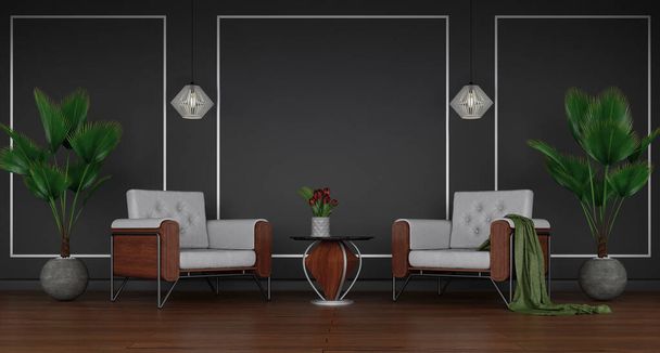 Interior minimalista de la sala de estar con muebles y plantas modernas, 3d renderizado
   - Foto, Imagen