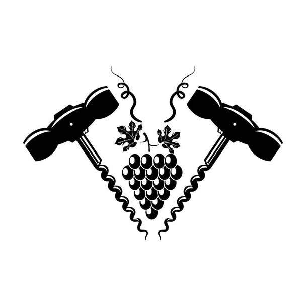 Retro Holz Korkenzieher Icon zum Öffnen Weinflasche isoliert auf weißem Hintergrund. Reife Trauben mit Blättern - Vektor, Bild