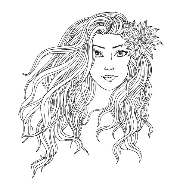 Young woman with streaming long hair, hand drawn linen black and white vector illustration for beauty salon, coloring book, hairdresser, label, beauty concept. - Vektor, kép