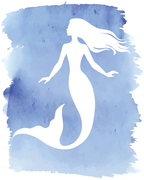Mermaid  silhouette, hand drawn vector  illustration isolated on blue watercolor spot, logo, t-shirt design. - Vector, Image