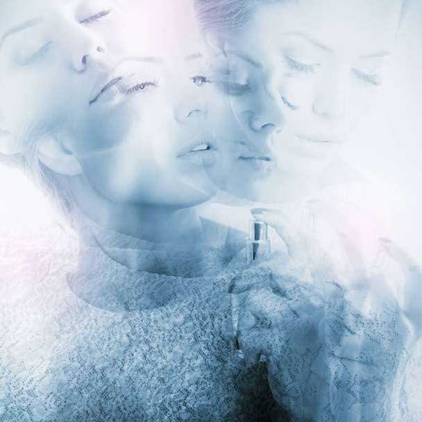 Double exposure of girl with perfume, young beautiful woman holding bottle of perfume and smelling aroma, toned soft beige and noise added - Photo, Image