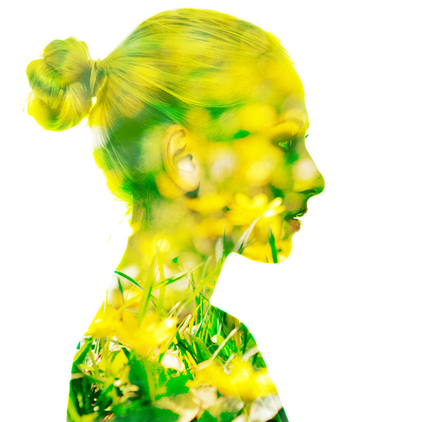 Double exposure portrait of beautiful girl in profile. Young woman with spring yellow flowers. Youth, nature, natural cosmetics, beauty treatment, spring season and healthy life concept. - Fotografie, Obrázek