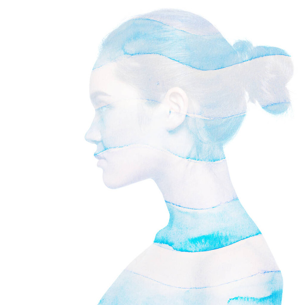 Double exposure portrait of beautiful girl in profile and  striped watercolor drawing. Young woman's face and watercolor of blue and white stripes. Design elements. Abstract background of sea or ocean. - Fotó, kép