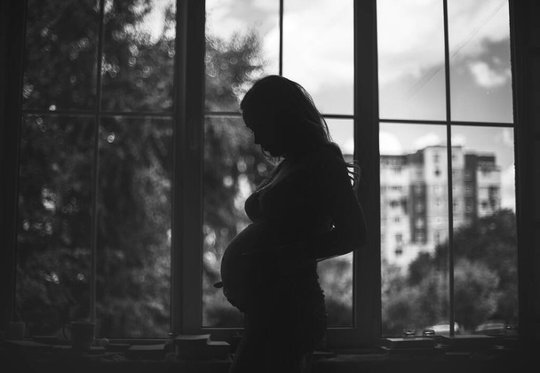 The future mother looks at her belly waiting for the special day near the window and is photographed in contre-jour - Photo, Image