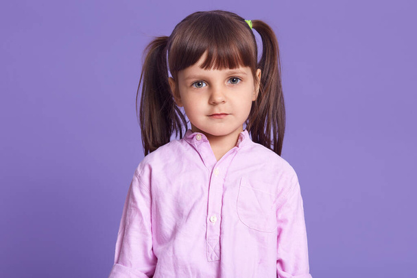 Indoor shot of calm little female kid standing against lilac studio background and looking directly at camera, dresses pale pink blouse, being photographed by mother. Children, childhood concept. - 写真・画像