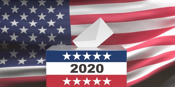 2020年アメリカ合衆国大統領選挙。投票箱のスロットにホワイト封筒。アメリカの旗を背景に愛国的な星と赤の青いコンテナ上の2020番号。3Dイラスト - 写真・画像