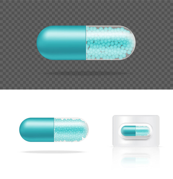 Mock up Realistische transparente Pille Medizin Kapsel Panel auf weißem Hintergrund Vektor Illustration. Tablets medizinisches und Gesundheitskonzept. - Vektor, Bild