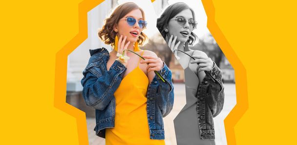 żółty kolorowe stylizowane kolaż ładna kobieta w stylu letnim noszenie okularów przeciwsłonecznych, słoneczny dzień, moda stylowa odzież, niebieskie dżinsy kurtka, żółta sukienka, eleganckie kolczyki hipster - Zdjęcie, obraz