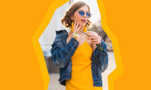 yellow colorful stylized collage of pretty woman in summer style wearing sunglasses, sunny day, stylish apparel fashion trend, blue jeans jacket, yellow dress, elegant hipster earrings - Φωτογραφία, εικόνα