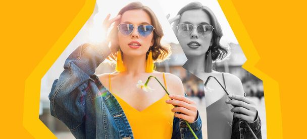 yellow colorful stylized collage of pretty woman in summer style wearing sunglasses, sunny day, stylish apparel fashion trend, blue jeans jacket, yellow dress, elegant hipster earrings - Valokuva, kuva
