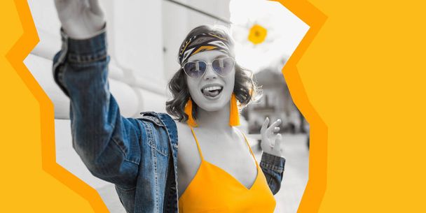 yellow colorful stylized collage of pretty woman in summer style wearing sunglasses, sunny day, stylish apparel fashion trend, blue jeans jacket, yellow dress, elegant hipster earrings - Photo, image