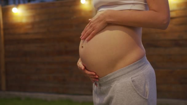 Primer plano de la mujer embarazada. Mujer acariciando su estómago
. - Metraje, vídeo