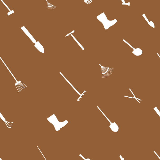 Seamless vector pattern. Garden tools icons isolated on brown background. - Vector, Image
