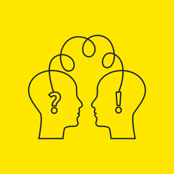 Question and answer icon. Two profile lines with question marks and an exclamation mark. Logo for psychologist, psychotherapist, symbol of communication, psychotherapy, therapy or coaching. - Vector, Image