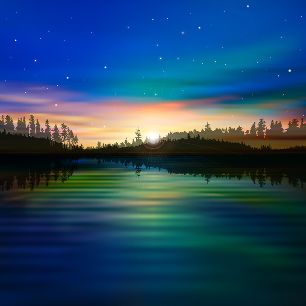 abstrakter Hintergrund mit Waldsee und Sonnenaufgang - Vektor, Bild