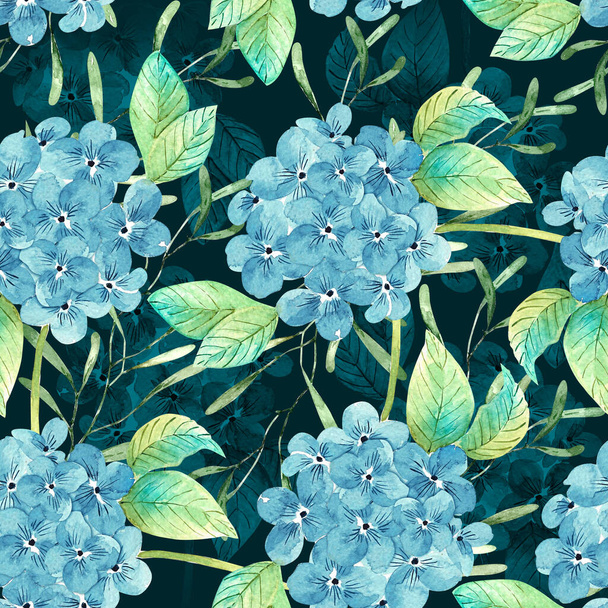 pattern of delicate blue hydrangeas on a dark background. bouquets of flowers illustration watercolor closeup. - Fotó, kép
