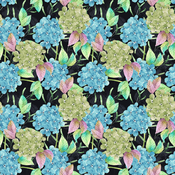 patroon van delicate blauwe hortensia 's op een donkere achtergrond. boeketten van bloemen illustratie aquarel closeup. - Foto, afbeelding